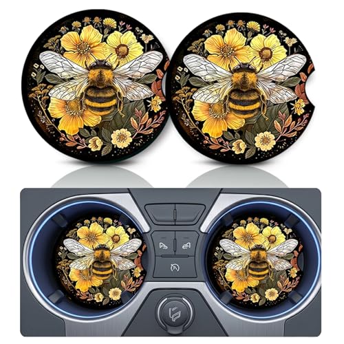2PCS Honey Bee Flower Car Cup Holder Coasters, Cars Coasters for Cup Holders, 2.75" Universal Anti Slip Rubber Mat with Finger Slot, Bumblebee Car Accessories Interior Decor, Bee Gifts for Women, Men - color: Bee & Flowers