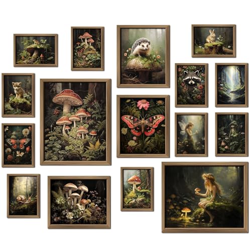 ANERZA 16 PCS Framed Dark Cottagecore Wall Art Decor, Cottage Core Wall Prints for Bedroom, Gallery Wall Frame Set, Fairycore Posters for Living Room Aesthetic, Nature Forest Mushroom Dorm Home Decor - color: DarkOliveGreen, size: 12"x15" Framed