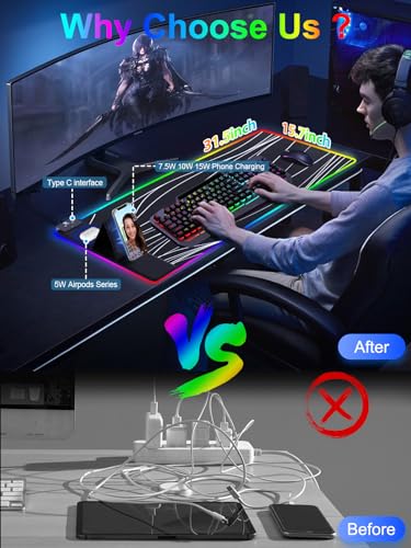 XXL Mouse Pad with Phone Holder - Black, RGB Desk Mat with 15W Fast Charging, LED Gaming Mousepad with 11 Light Colors, Waterproof Non-Slip Pad for Office & Home (Wave) - color: Wave