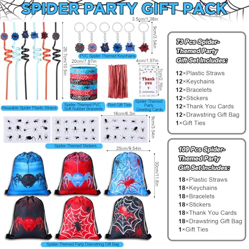 LemonRoad 73 Pcs Spider Party Favors Set Birthday Supplies Includes Drawstring Bags Backpack Keychains Bracelets Stickers Straws Tags for Birthday Party Favors Rewards Gifts - style: Spider
