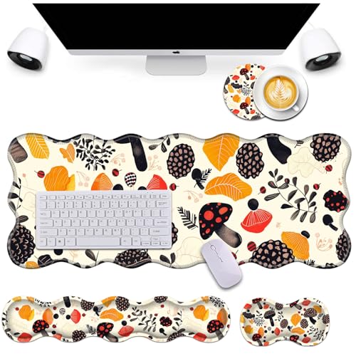 Bxgolkgd Desk Mat Set,Mouse Pad with Keyboard Wrist Rest & Mouse Wrist Rest,Wave-Shaped Design,Non-Slip Rubber Base,Ergonomic Desk Mat for Home,Office,Gaming,Abstract Mushroom - color: Abstract Mushroom