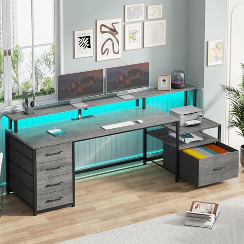 SEDETA Home Office Desk with File Drawer & Power Outlet, 66'' Computer Desk with 5 Drawer, Storage Shelves, Printer Cabinet and Monitor Shelf, Gaming Desk with Led Lights, Grey - color: Grey, size: 67X18.5inch