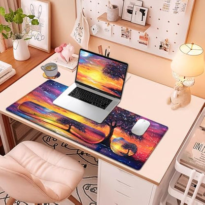 Large Mouse Pad + Keyboard Wrist Rest Set, Extended Gaming Mousepad (31.5X11.8 inch) with Non-Slip Rubber, Ergonomics Memory Foam Mouse Wrist Rest Support, Night View Pattern XXL Desk Pad - color: Yu-Mouse Pad-3-B35