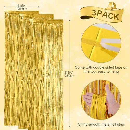 Voircoloria 3 Pack 3.3x8.2 Feet Gold Foil Fringe Backdrop Curtains, Tinsel Streamers, Fringe Backdrop for 2025 New Years Eve, Graduation, Birthday, Baby Shower, Gender Reveal, Disco Party - color: 05 Gold