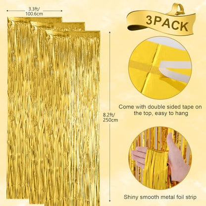 Voircoloria 3 Pack 3.3x8.2 Feet Gold Foil Fringe Backdrop Curtains, Tinsel Streamers, Fringe Backdrop for 2025 New Years Eve, Graduation, Birthday, Baby Shower, Gender Reveal, Disco Party - color: 05 Gold