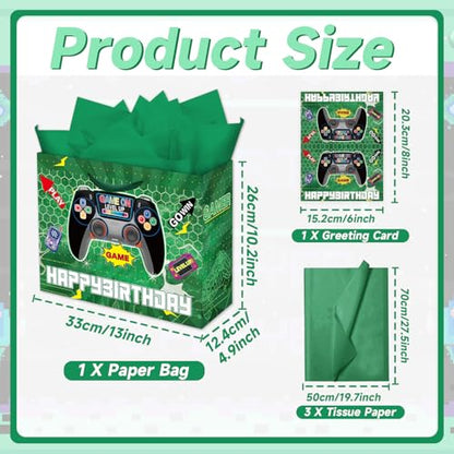 Woohookaka Gamer Birthday Gift Bags 13" Large - Controller Game Theme Party Supplies with Handle, Tissue Paper & Card for Boys Girls - color: Game