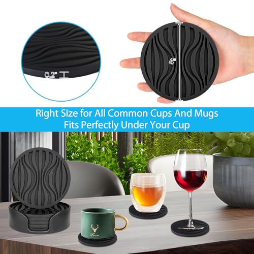6 Pack Rubber Drink Coasters with Holder, Black Silicone Cups Mat Non-Slip | Coasters for Drinks Non-Stick Outdoor Plastic Coasters Set Thickened Hot- Cold Drink Fits Any Cups Table Rubber Glass Coaster - color: Pure Black-plastic Holder