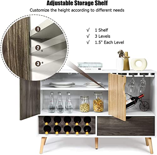 LUARANE Modern Buffet Sideboard, Wooden Kitchen Cupboard with 10 Bottle Wine Rack 3-Row Glass Holder Storage Shelves Drawer, Console Table for Dinging Room Living Room, White & Wood