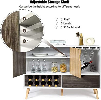 LUARANE Modern Buffet Sideboard, Wooden Kitchen Cupboard with 10 Bottle Wine Rack 3-Row Glass Holder Storage Shelves Drawer, Console Table for Dinging Room Living Room, White & Wood