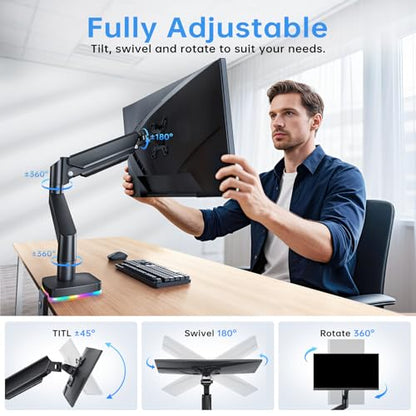 RGB Single Monitor Stand, Gas Spring Monitor Arm with 3 USB Ports, Charging and USB Data Transfer Function, Desk Mount for 13"-32" Monitors up to 19.8lbs, Adjustable Height, Tilt, Swivel, Rotate - size: RGB Single Arm
