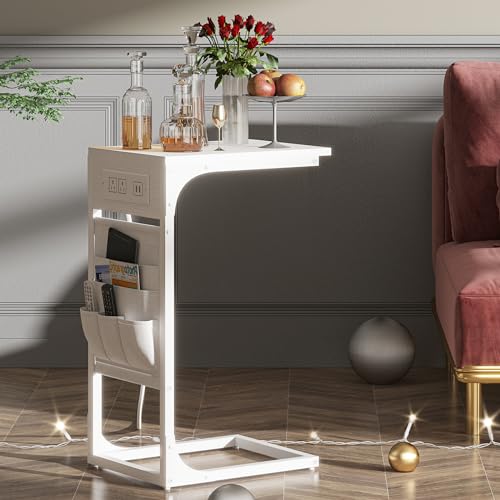 TUTOTAK C Shaped End Table with Charging Station, Side Table for Sofa, Couch Table with Storage Bag, TV Tray Table with 2 USB Ports and Outlets for Living Room, Bedroom, White TB01BW024 - color: White, size: 1 Pack (11.8"W), style: With Plug