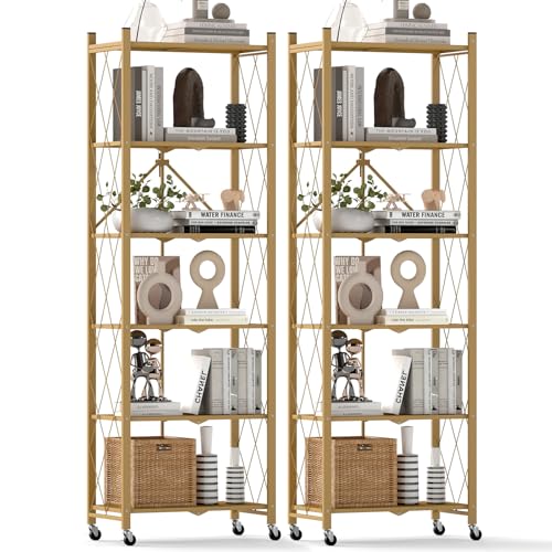 DEANIC 6-Shelf Folding Bookcase with Wheels, Heavy Duty Storage Shelves, Freestanding Metal Wire Shelving Unit for Living Room, Office, Kitchen, Basement, Pantry (Gold 2 Pack) - color: Gold-2 Pack, size: Compact 6 tier