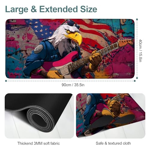 Rock Eagle Extended Gaming Mouse Pad 35.4 x 15.7 Inch – Large Desk Mat with Guitar Eagle Artwork, Non-Slip Rubber Base, 3MM Thick Surface for Gaming, Office & Creative Work - color: #47-90, size: 35.4 x 15.7 Inch