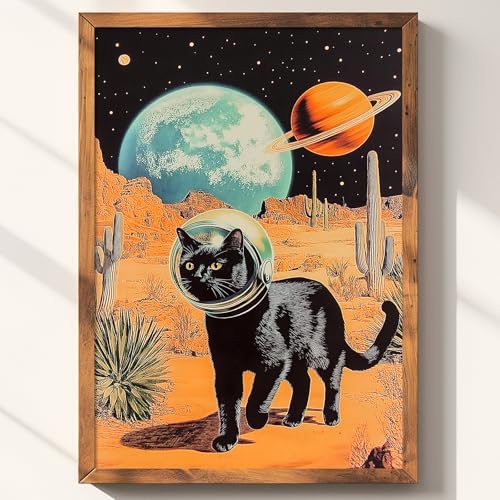 Funny Black Cat Wall Art Canvas Space Poster Vintage Futuristic Surreal Art Print Cat Space Picture Outer Cactus Poster Desert Landscape Paintings Abstract Print Animal Funny Artwork 16x24in No Frame - color: C3Unframed