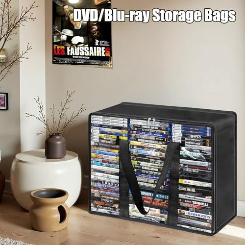 DVD Storage Bags 3 Pack, Updated Bigger Bags Holds 270 DVDs (90 Each), Clear Plastic Organizer with Reinforced Handles for Media, Quilt, Pillow & Clothes Storage - size: 3*Large Bags