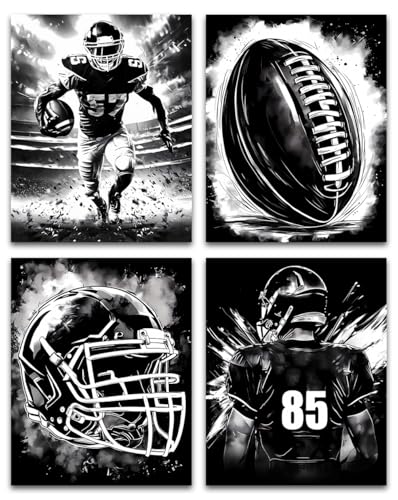 American Football Sport Canvas Wall Art,Black and White American Football Wall Art Artwork,Rugby Field Stadium Sports Picture Painting for Man Cave,Boy's Bedroom Decor Set of 4(8"X10"Frameless) - color: Unframed-8"X10"-American Football Canvas Wall Art
