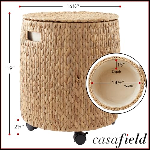 Casafield Round Rolling Storage Basket with Lid - Natural, Handwoven Water Hyacinth Rolling Hamper Storage Bin on Wheels for Living Room, Bedroom, Bathroom, Laundry