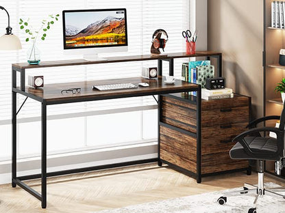 Tribesigns 63 Inch Computer Desk with File Drawer Cabinet, Ergonomic Office Desk with Monitor Stand, Industrial Computer Table with Printer Space, Wood PC Table Workstation Desk for Home Office - color: Rustic Brown