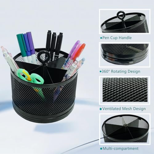 SETTFRFE Mesh Rotating Pen Holder for Desk, Black, 6-Slot | Large Pen Container with Handle, Multi-Functional Desk Organizer for Office Supplies, Art Tools & Makeup Brushes