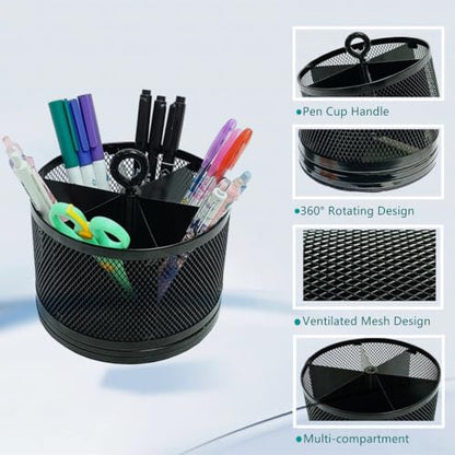 SETTFRFE Mesh Rotating Pen Holder for Desk, Black, 6-Slot | Large Pen Container with Handle, Multi-Functional Desk Organizer for Office Supplies, Art Tools & Makeup Brushes