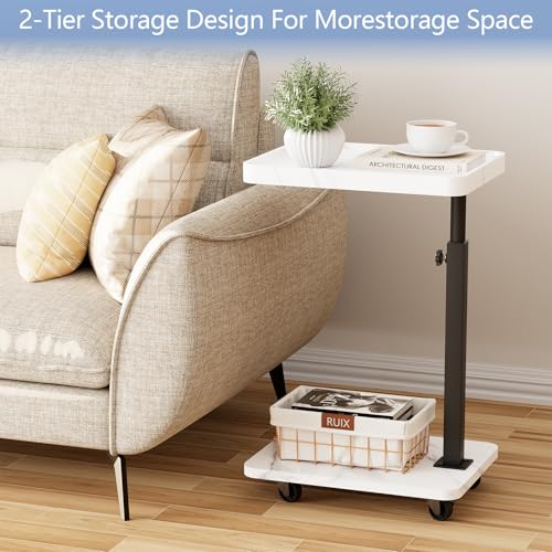 Adjustable Tv Trays for Eating on Couch That Slide Under,360° Swivel C Shaped End Sofa Side Snack Table with Wheels for Living Room and Bedroom, Bed,Chair, (White Marble+Black) - color: White Marble+black
