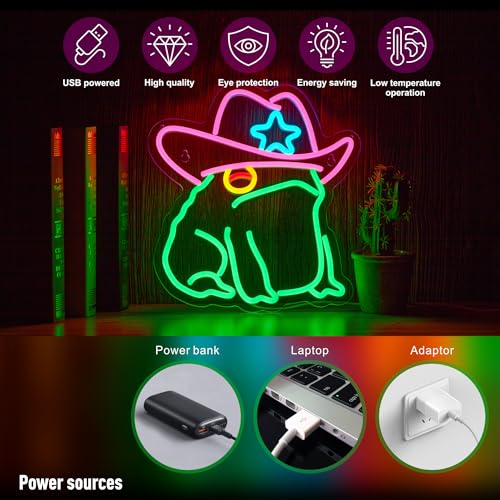 Cowboy Toad Neon Sign Frog Neon Light Cowboy LED USB Powered Dimmable Art Signs for Pub Store Man Cave Room 13.8 X 12.6 inch - color: Frog Green