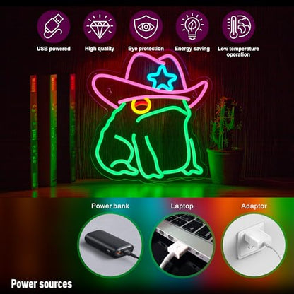 Cowboy Toad Neon Sign Frog Neon Light Cowboy LED USB Powered Dimmable Art Signs for Pub Store Man Cave Room 13.8 X 12.6 inch - color: Frog Green