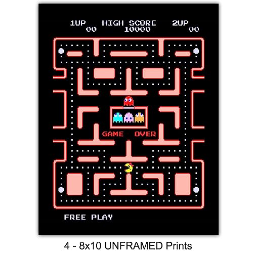 Classic Arcade Games Wall Art Prints - Arcade Decor - 8x10 Set for Man Cave, Den, Family Room, Bar, Bedroom - Gift for Gamers, Video Game, Pacman, Ms Pacman, Donkey Kong, Space Invaders Fans