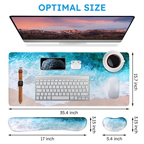 iCasso Keyboard Mouse Pad Set,Extended Gaming Mouse Pad + Keyboard Wrist Rest Support, Memory Foam, Easy Typing Pain Relief, 3Pcs (35.4×15.7 in) Large Ultra Thick Mousepad Desk Mat (Beach) - color: Beach