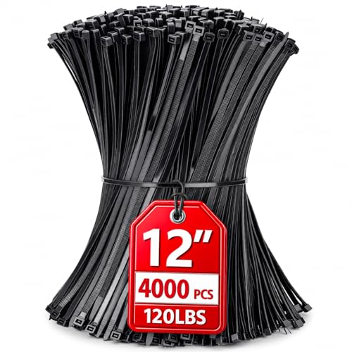 Zip Ties 12 inch, 4000 Pack Heavy Duty Black Zip Ties with 120 lbs Tensile Strength, Self-Locking Nylon Cable Ties,Wire Ties for indoor and outdoor use - color: Black, size: 12"(4000 Pack) 120 Lb