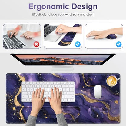 Large Gaming Mouse Pad Set, 4 in1 Ergonomics Keyboard Desk Mat with Memory Foam Wrist Rest, Extended Game Mousepad, Non-Slip Desk Pad Matt Easy Typing Pain Relief I Purple Golden Marble - color: Purple Golden Marble