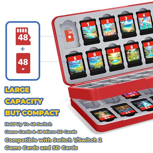 FUNLAB 48 Switch 2 Game Case Compatible with Nintendo Switch 2/1 & Micro SD Cards, Switch Game Card Holder Cartridge Case with 48 Game-Card Storage - Red