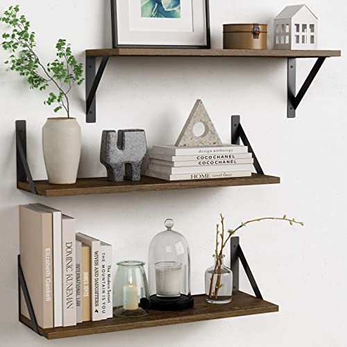 Forbena 24 Inch Long Floating Shelves for Wall Set of 3, Wooden Wall Bookshelf for Bedroom, Large Rustic Wood Hanging Book Shelves for Living Room Plants Kitchen Office Closet Storage (Dark Brown) - color: Rustic Brown, size: 24 x 8 Inch