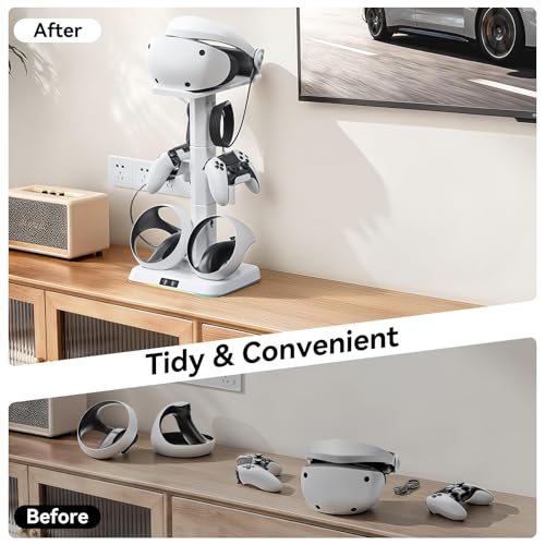 Kosker PSVR2 Magnetic Charging Dock & Headset Stand, for Meta Quest 2/3/3S | Fast 2.5H Charging, 9 RGB Lighting Modes, Overcharge Protection, Storage Holder for VR2 Headset & Sense Controllers - color: updated white