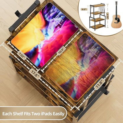 HYPIGO 4-Tier AV Media Corner Shelf, Game Console Stand with 2 Hooks, Stereo Audio Component Rack, Small Entertainment Center for Video Game and Vinyl Record Storage, Rustic Brown