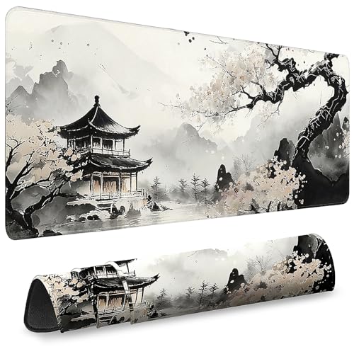Gaming Desk Mat with Silky Smooth Surface & Exquisite Patterns,31.5x11.8 Inches Large-Sized Mouse Pad, Perfect for Extended Gaming,Work,and Home Office Decor (Japanese Ink Painting 3) - color: Japanese Ink Painting 3