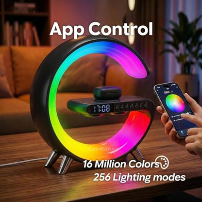 Smart LED Table Lamp,4-in-1 Wireless Charger with Speaker,Night Light, Alarm Clock, and Bluetooth Speaker with App Control, Ideal Gifts for Home, Office, Christmas (Light Black) - color: Light Black