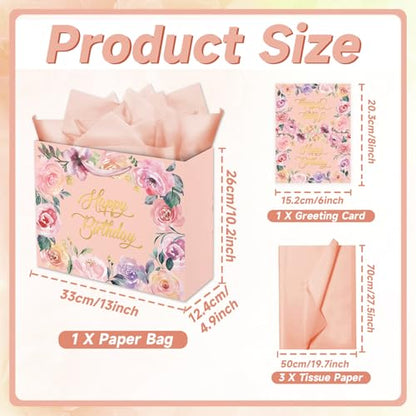 Woohookaka 13" Elegant Rose Gift Bag Set - Premium Pink Gift Bags with Tissue Paper & Card for Women's Birthday, Mother's Day, Anniversary Luxury Packaging - color: Rose