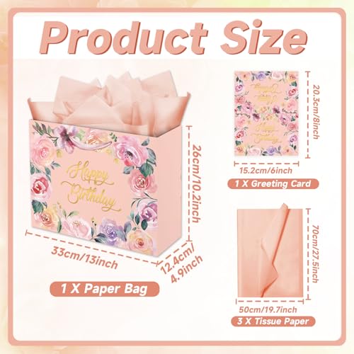 Woohookaka 13" Elegant Rose Gift Bag Set - Premium Pink Gift Bags with Tissue Paper & Card for Women's Birthday, Mother's Day, Anniversary Luxury Packaging - color: Rose