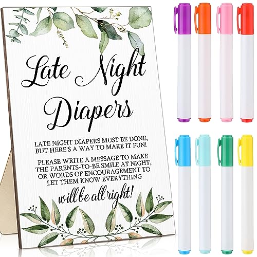 Roowest BabyShower Games Late Night Diapers Sign Wooden BabyShower Table Decorations Sign Gender Reveal Games Party Decorations Supplies with 8 Pcs Colored Markers(Greenery)