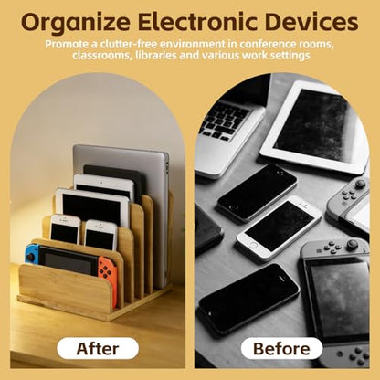 Device Organizer Holder, 5 Slots Bamboo Stand for Organizing Electronic Devices, Organize Tablets, Smartphones, Laptops, and Game Consoles, Slot Width are Adjustable, Also Organize Mails and Files