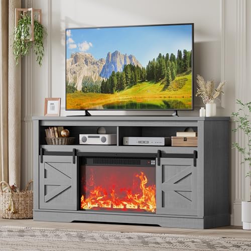 JUMMICO Fireplace TV Stand for 65+ Inch TV with 26'' Fireplace Entertainment Center with Storage Cabinet and Adjustable Shelves Media Console with Sliding Barn Door for Living Room (Pale Gray) - color: Pale Gray, size: 58 Inch Fireplace TV Stand
