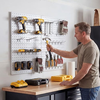 Peg Board 4 Pack Metal Pegboard Panels with 50 Hooks, White Pegboard Organizer - color: White, size: 16x12"- 4 Pcs