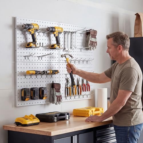 Peg Board 4 Pack Metal Pegboard Panels with 50 Hooks, White Pegboard Organizer - color: White, size: 16x12"- 4 Pcs