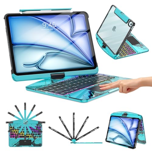 TSQQST Clear Keyboard Case for iPad Air 11 Inch (M4/M3/M2, 2026/2025/2024)/ iPad Air 5th/4th Generation 10.9" / iPad Pro 11" 1st/2nd/3rd/4th, Trackpad, Pencil Holder, 7-Color Backlit, Rotatable, Blue - color: Clear+Blue, size: Air11/10.9/Pro11 1/2/3/4