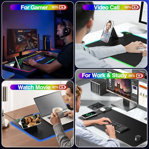 XXL RGB LED Gaming Mouse Pad with Magnetic Wireless Charger & Foldable Phone Holder, 31.5"x15.8" Extended Ultra-Smooth Desk Mat, 25 Lighting Effects, Non-Slip Base, Includes 20W PD Adapter - color: RGB-31.5"x15.8"-Magnetic Stand(with Adapter)