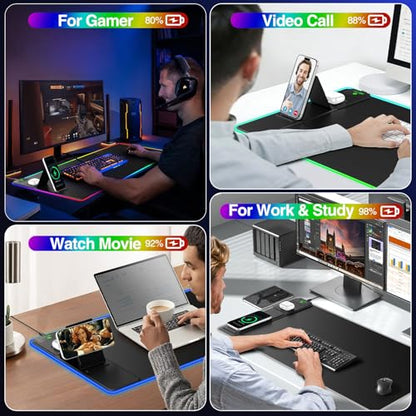XXL RGB LED Gaming Mouse Pad with Magnetic Wireless Charger & Foldable Phone Holder, 31.5"x15.8" Extended Ultra-Smooth Desk Mat, 25 Lighting Effects, Non-Slip Base, Includes 20W PD Adapter - color: RGB-31.5"x15.8"-Magnetic Stand(with Adapter)