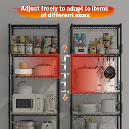 REIBII 5 Tier Wire Shelves with Side Blockers Pantry Shelves Organizers with Hooks & Shelf Linker Adjustable Metal Shelving for Storage, Kitchen,Pantry,Bathroom,Laundry Room,59.1"H x 21.7"W x 13.8"D
