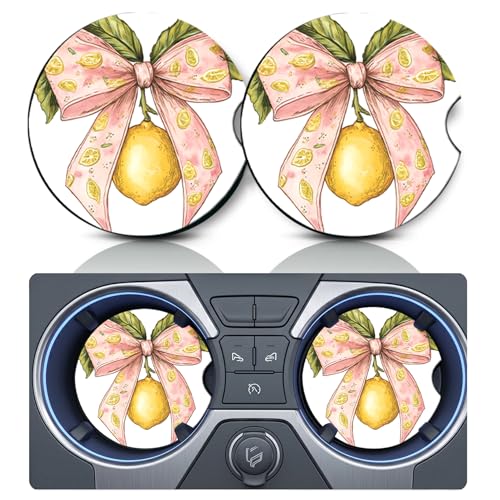 2PCS Bow Lemon Car Cup Holder Coasters,Cars Coasters for Cup Holders,2.75" Universal Anti Slip Rubber Mat with Finger Slot,Bow Lemons Car Accessories Interior Decor,Lemon Gifts for Women,Men - color: Bow Lemon