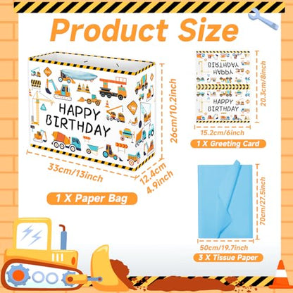 Woohookaka 13" Construction Birthday Gift Bag for Boys, Truck Themed Party Supplies with Tissue Paper & Card, Durable Engineering Vehicles Gift Bag for Kids Birthday Party Favors - color: Truck